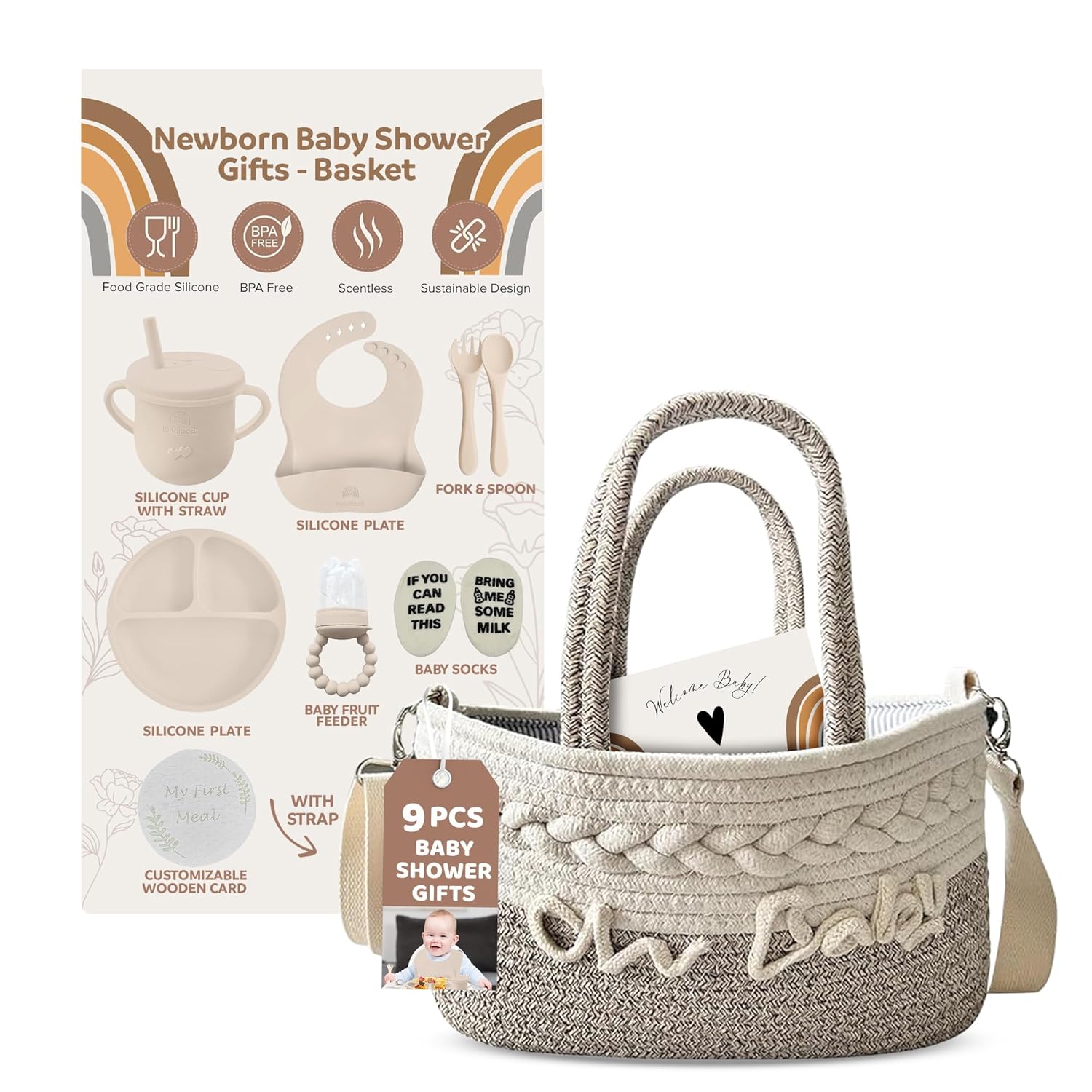 Kiddibodi® Baby Shower Gifts - Basket for Newborn - Gender Neutral Baby Gift Set - Baby Gift Basket - Silicone Baby Feeding Set with Suction Plate, Bib, Spoon, Sippy Cup, Pacifier Feeder - Rope Basket