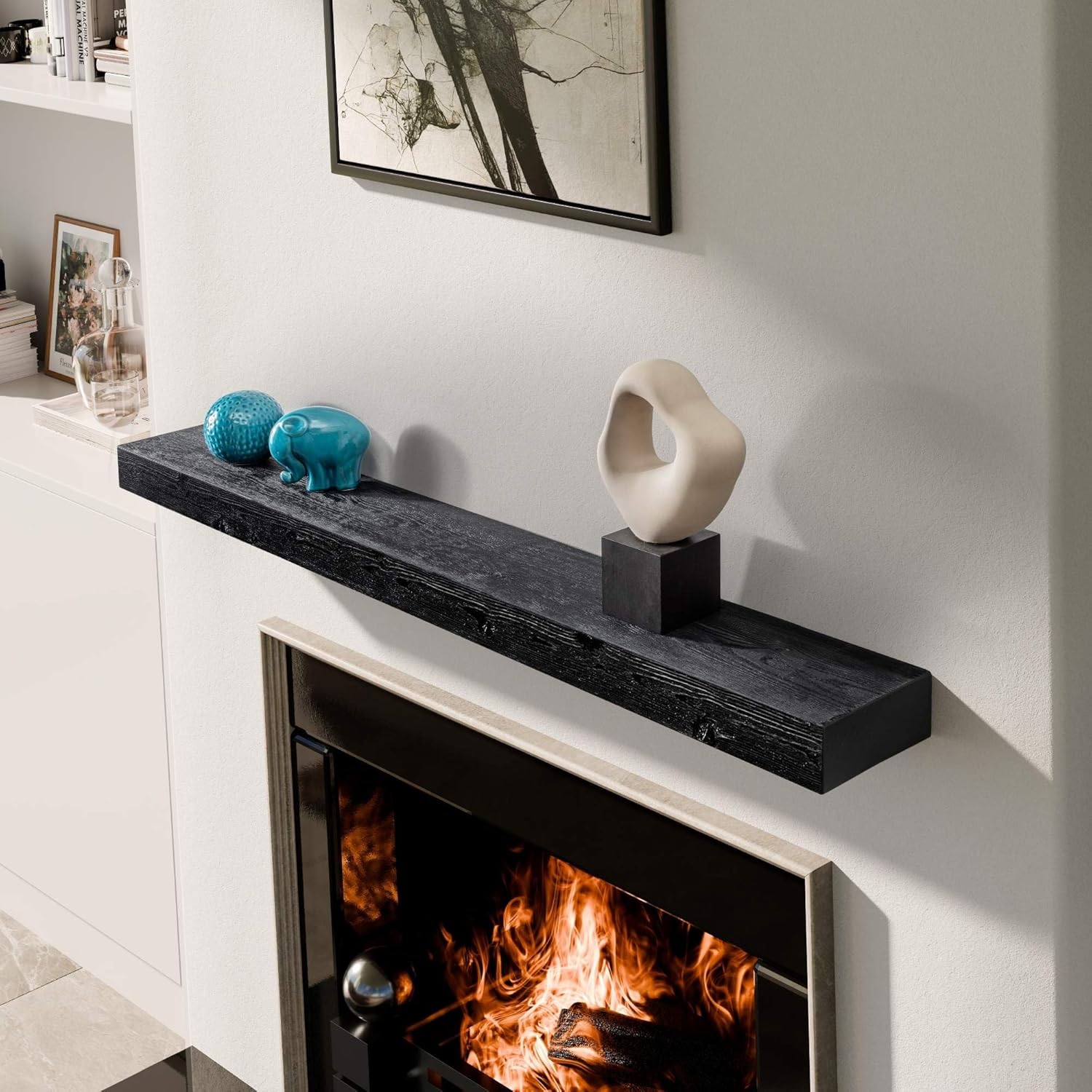 BoscoMondo Solid Wood Fireplace Mantel Shelf, Floating Mantle for Living Room, Farmhouse Rustic Wood Mantel, Easy Wall Mount with Heavy-Duty Metal Bracket (60", Intense Black)