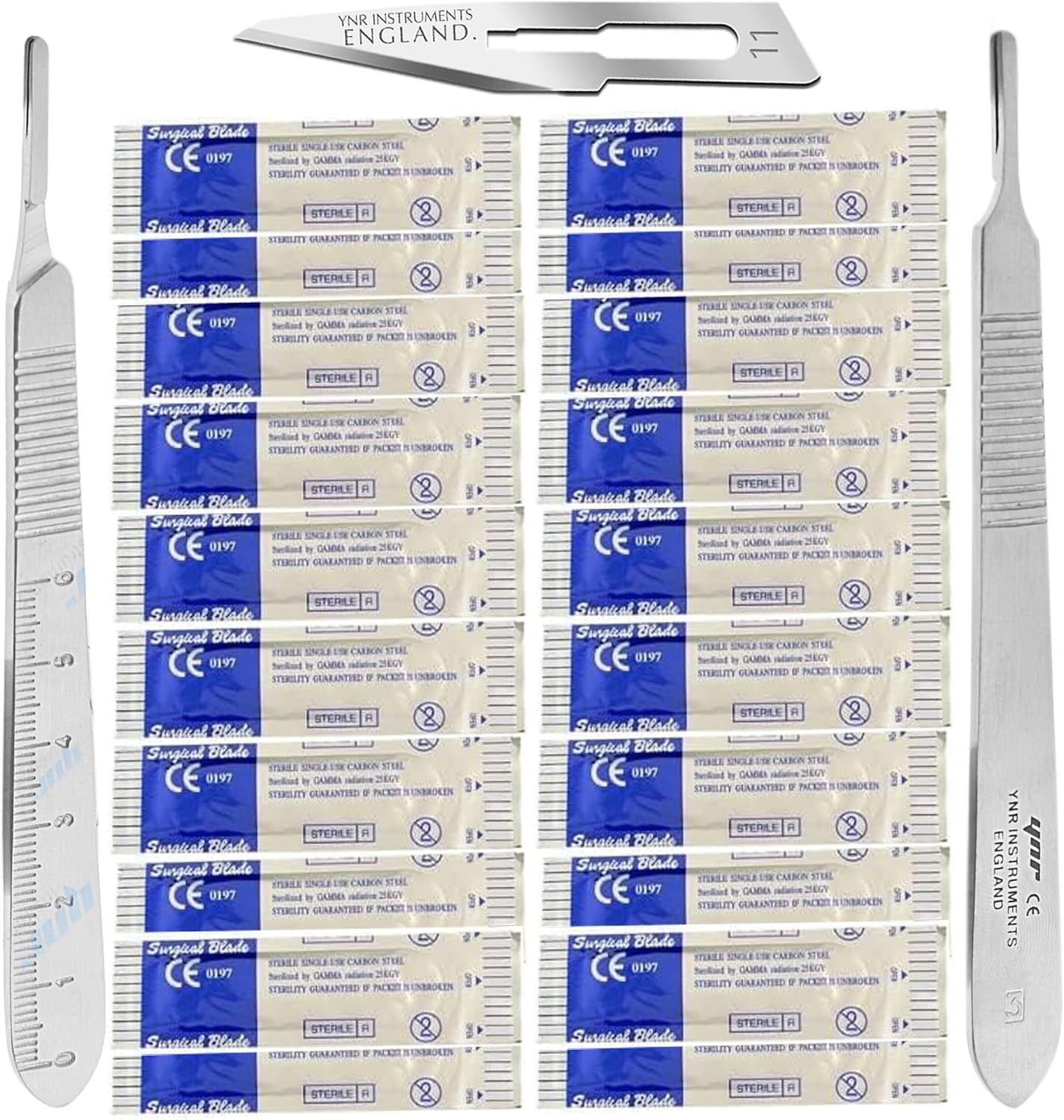 YNR Instruments England Scalpel Handle No.3 - Stainless Steel with 0 to 6cm Ruler & 20x No.11 Blades, Surgical for Medical, Craft Precision Knife Set