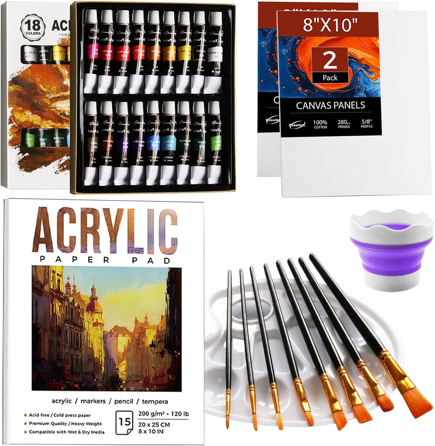 Paint Kit, Painting Set with 18 Acrylic Paints, 2 Canvas Panels, Drawing Pad, Cleaning Cup, Painting Supplies for Kids Adults for Canvas