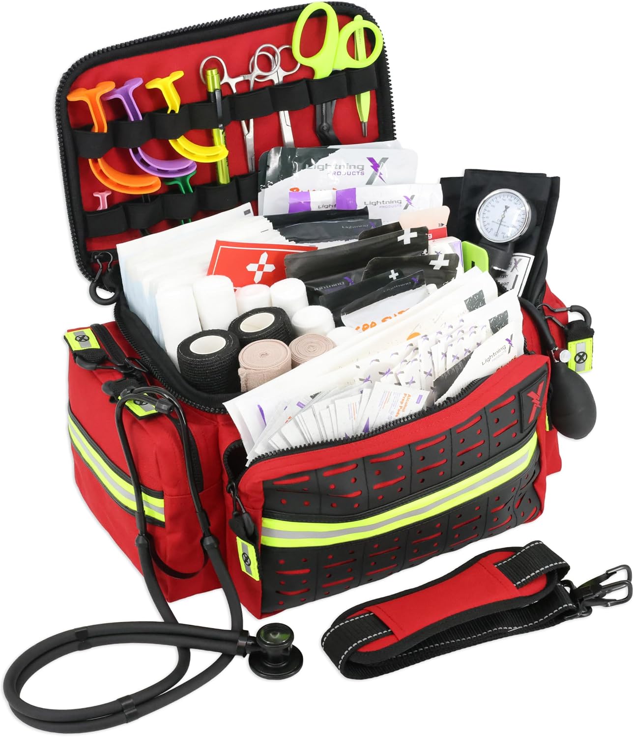 Lightning X Mid-Sized First Responder EMT Bag | LXMB25 | Fully Stocked w/ 240+ First Aid, EMS & Trauma Supplies - RED