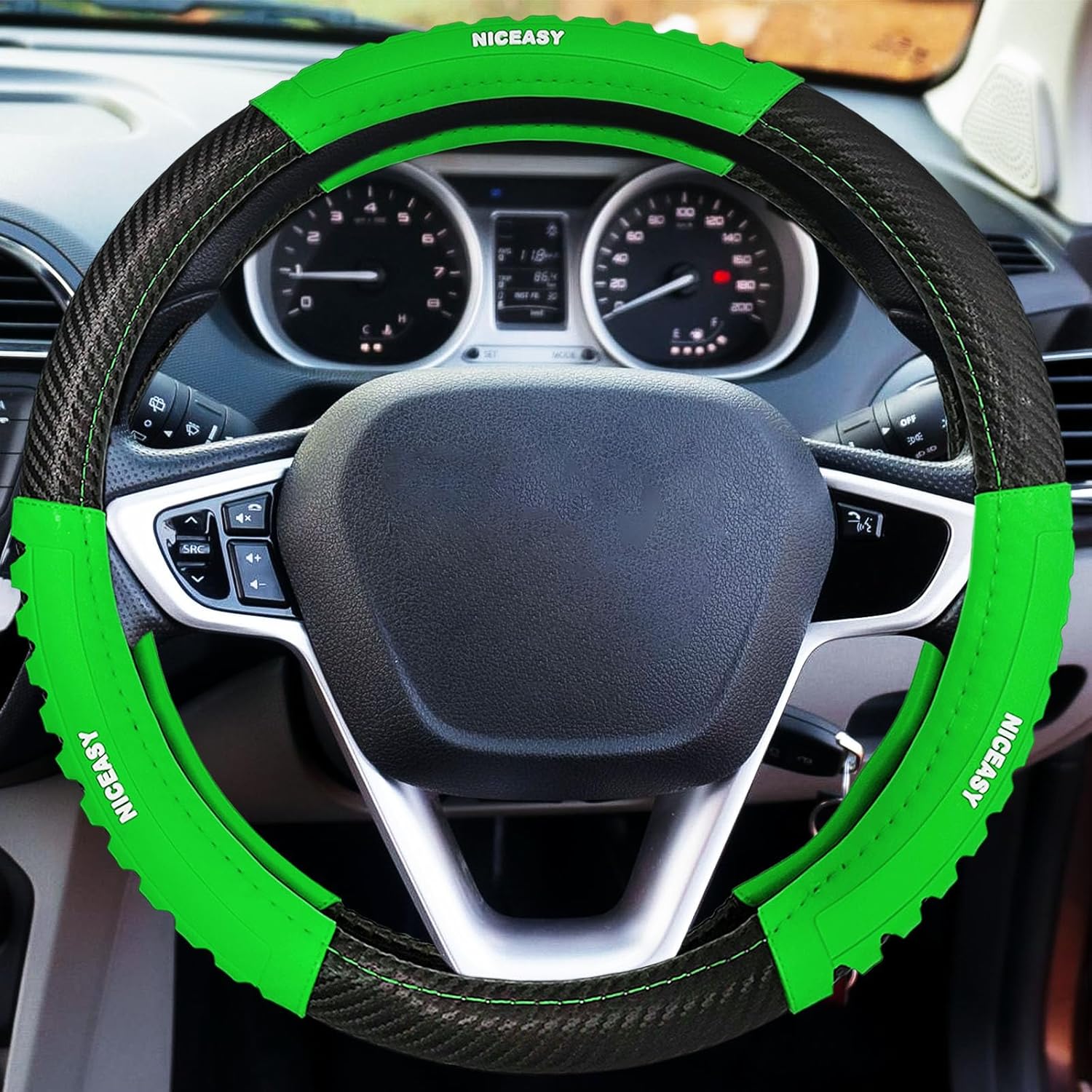 Sport Style Black Carbon-Fiber Steering Wheel Cover with Green Grip Steering Wheel Accessory,Universal Fit 14.75-15 inch Steering Wheel