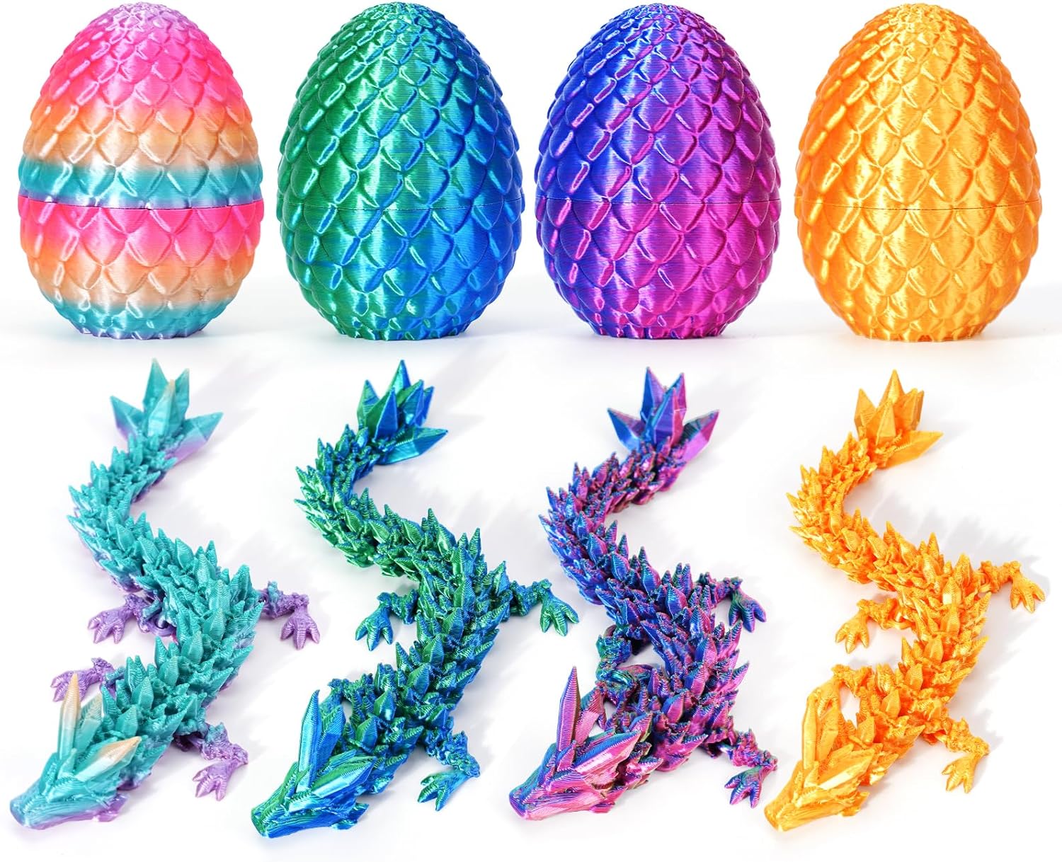 4PCS 3D Printed Dragon Eggs with Dragon Inside, Easter Dragon Eggs, Articulated Crystal Dragon, Mystery Dragon Egg Fidget Toy, 3D Printed Animals Set , Easter Gifts for Kids (NEW-3)