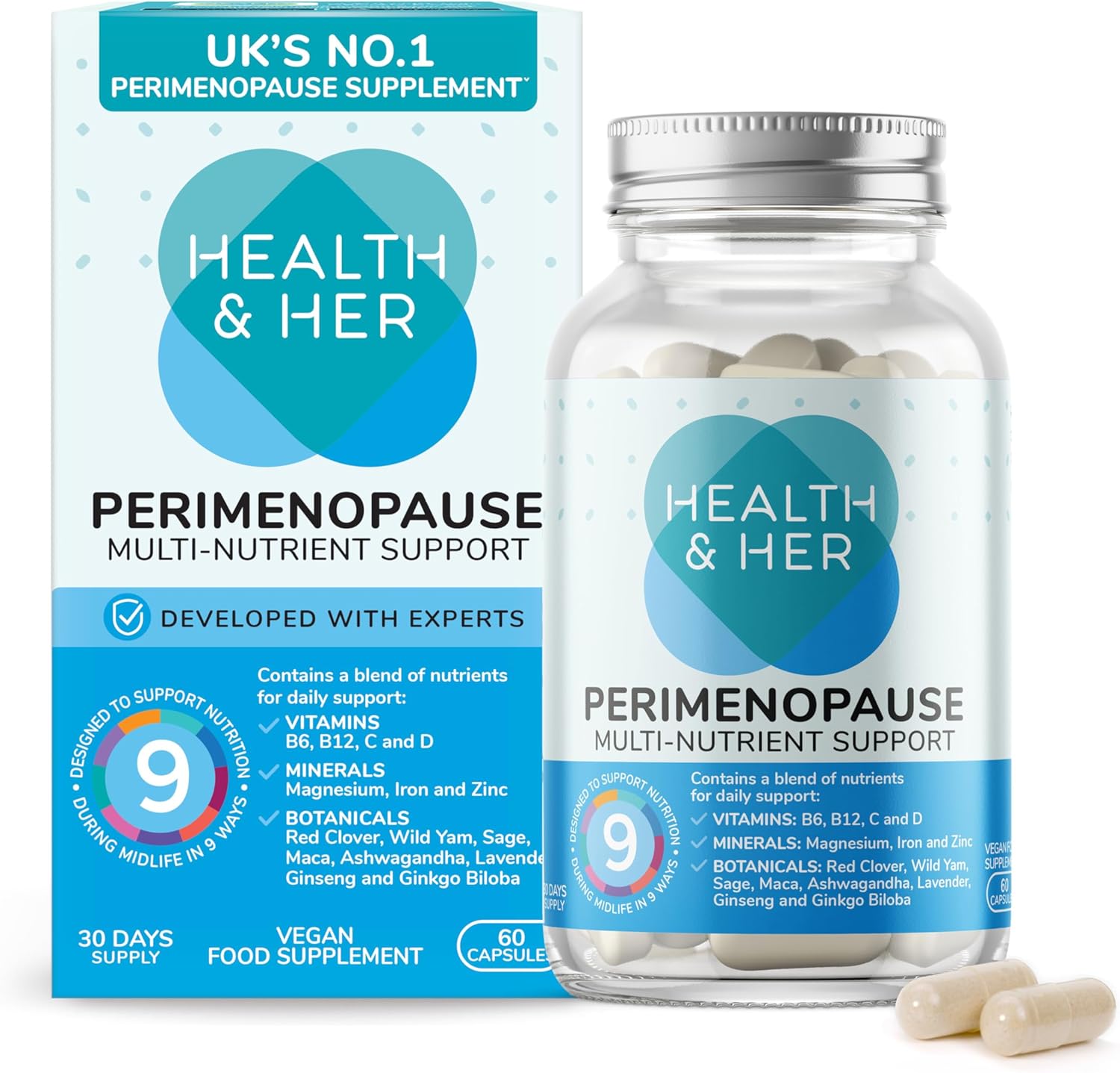 Health & Her Perimenopause Supplements for Women - with Red Clover, Wild Yam Ashwagandha. Wellbeing Support for The Early Stage of Menopause - 1 Month Supply, 60 Capsules - Vegan & Gluten Free