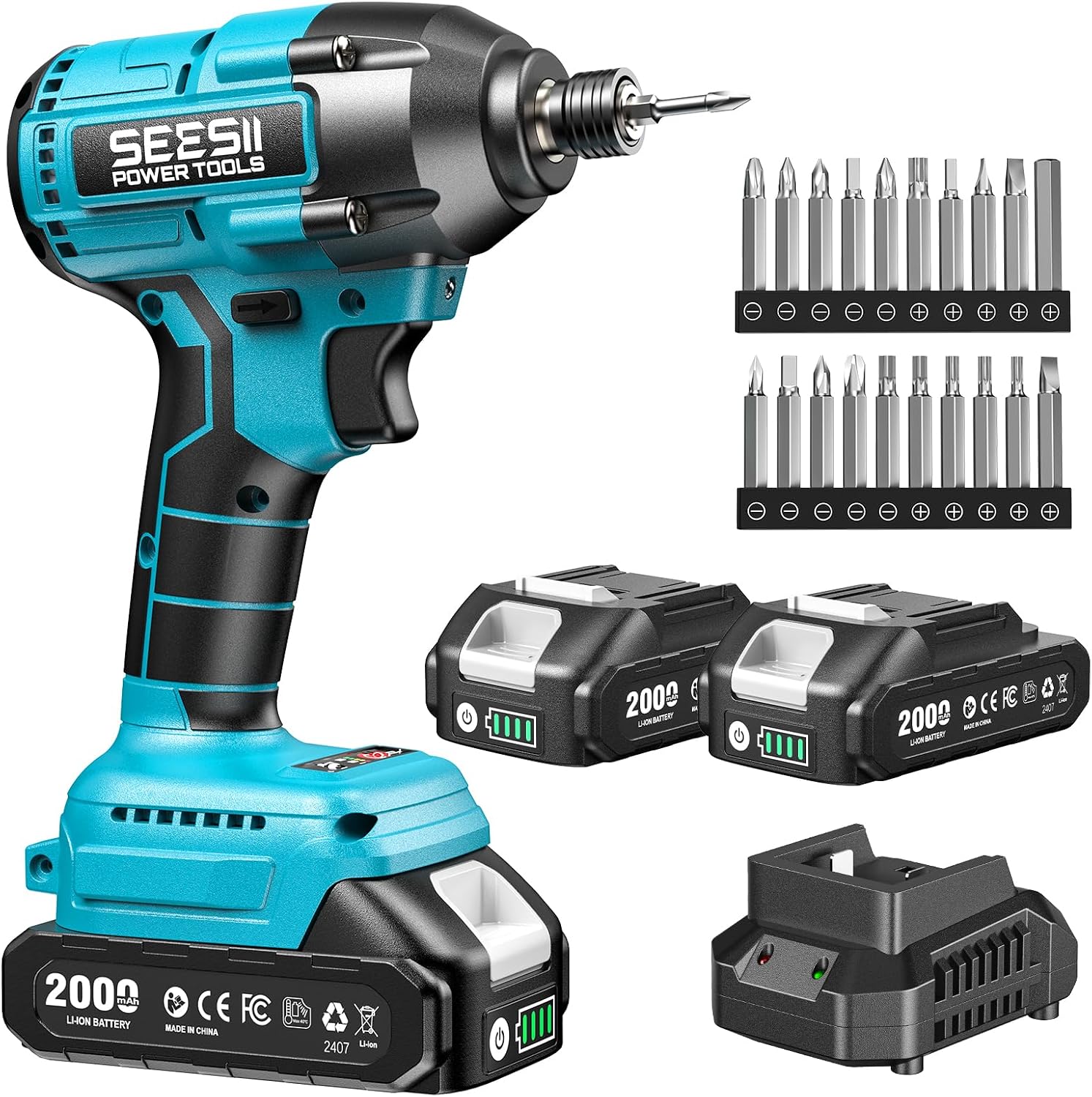 SEESII Cordless Impact Driver Kit, 21V Max Torque 1590 In-lbs(180 N.m) Impact Driver Set with Two 2.0 Ah Batteries, 1/4" Hex Chuck Power Impact Driver w/ 20 Pcs Drill Bits, 0-2500 RPM Variable Speed