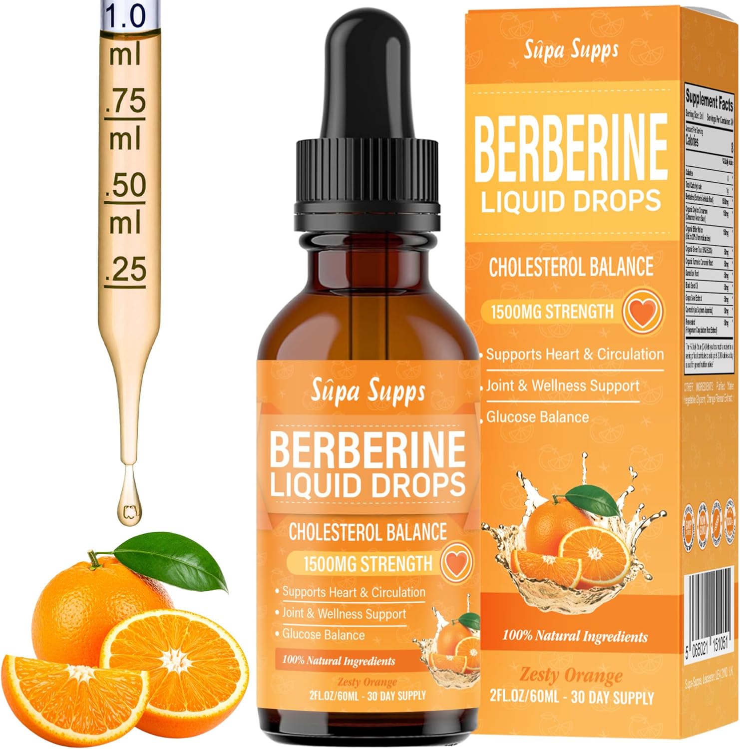 Berberine Liquid 60ml - High Strength Berberine HCl 54000mg Per Bottle, 1500mg Per Serving - Fast Absorbing Berberine Drops - Natural Orange Flavour - 1 Month Supply