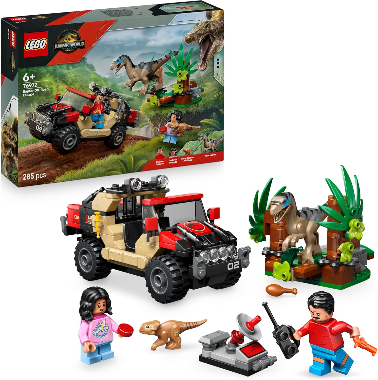LEGO Jurassic World Raptor Off-Road Escape Dinosaur Toy - incl. 2 Dino Figures, Off-Road Car Toy & 2 Minifigures - Gift for 6+ Year Old Boys, Girls & Rebirth Movie Fans - 76972