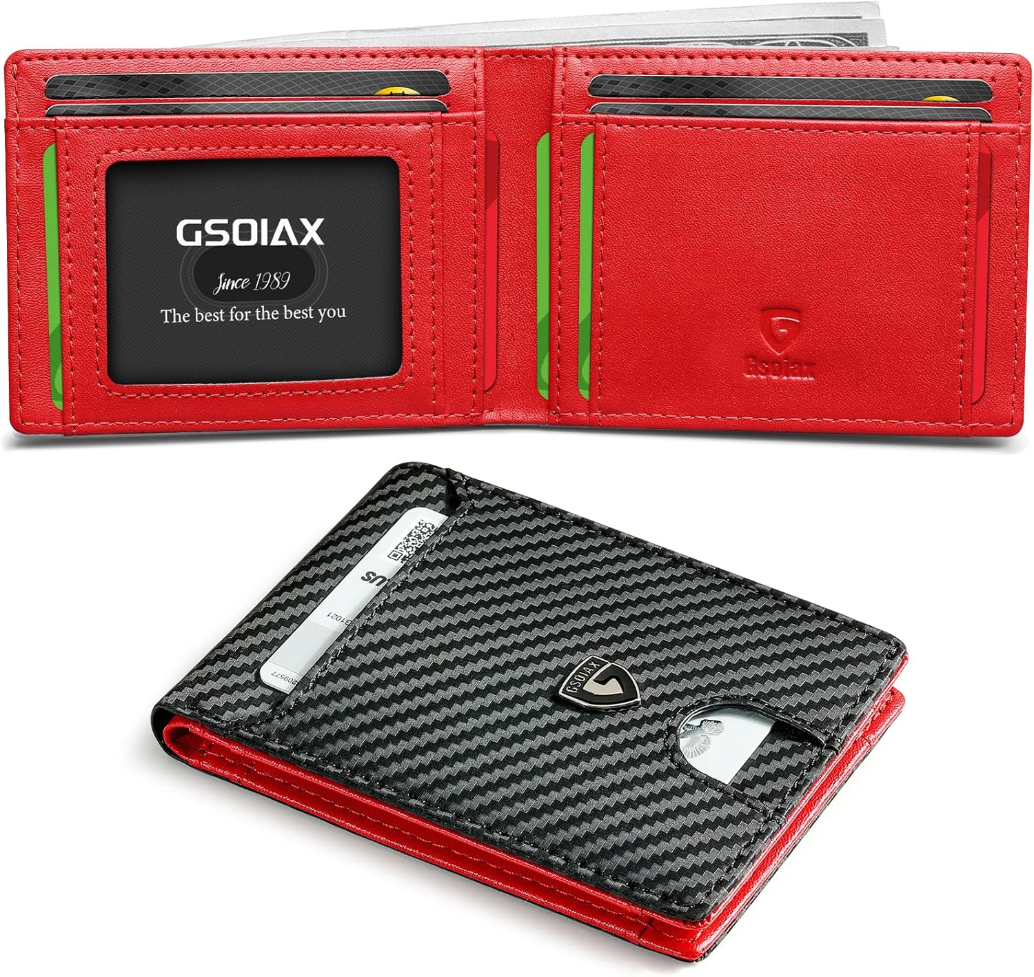 GSOIAX Mens Slim Wallet RFID Blocking Bifold wallets for men Minimalist Leather Carbon Fiber Card Holder Money Clip Thin Mens with Gift Box (Carbon Black and Red)