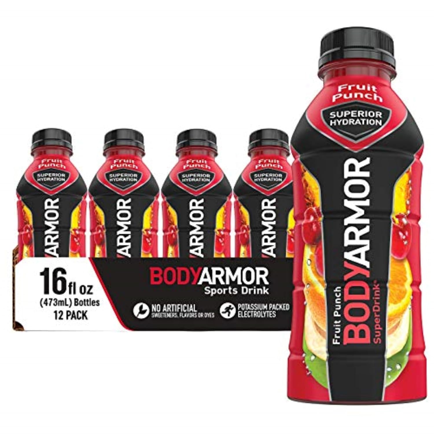 BODYARMOR Sports Drink Sports Beverage, Fruit Punch, Coconut Water Hydration, Natural Flavors With Vitamins, Potassium-Packed Electrolytes, Perfect For Athletes, 16 Fl Oz (Pack of 12)