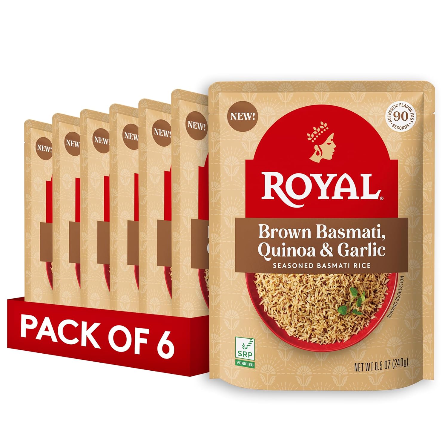 Royal Basmati Brown Rice with Quinoa and Garlic - Ready to Heat Basmati Rice - (6 Pack) 8.5 oz Microwaveable Pouch