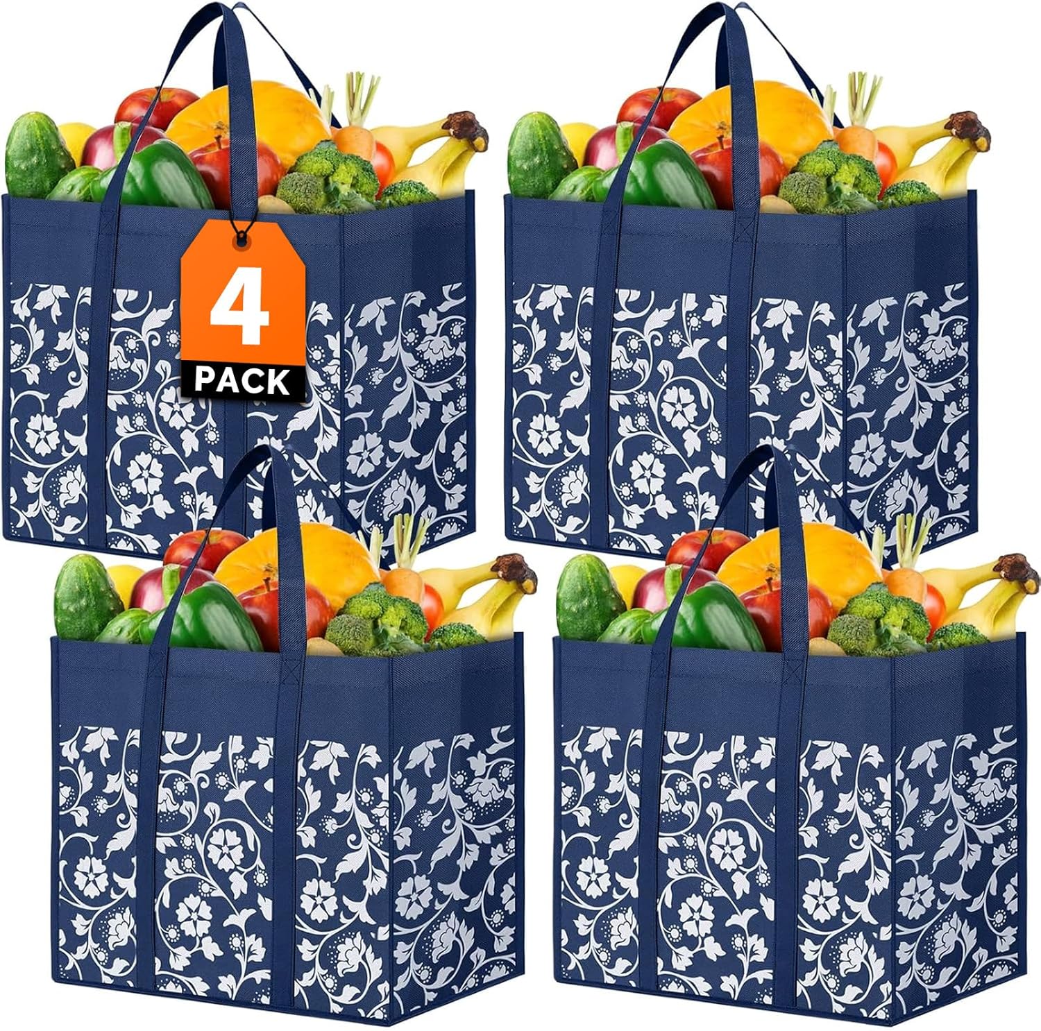 WOWBOX Reusable Grocery Bags Foldable Tote Bags Bulk with Reinforced Handles Shopping Bags for Groceries Heavy Duty Kitchen Reusable Grocery Bags with Waterproof Coating 4-Pack, Blue