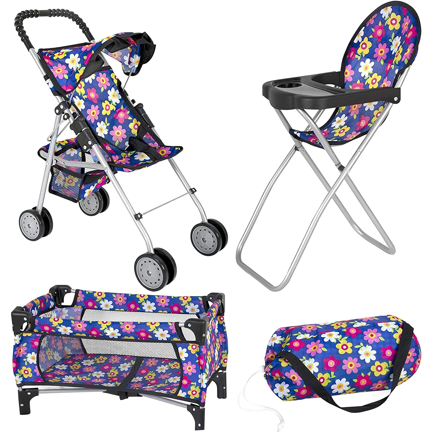 fash n kolor Doll 3 Piece Play Set Baby Doll Accessories - Includes, 1 Pack N Play. 2 Doll Stroller. 3 Doll High Chair. Fits Up to 18'' Doll (Flower)