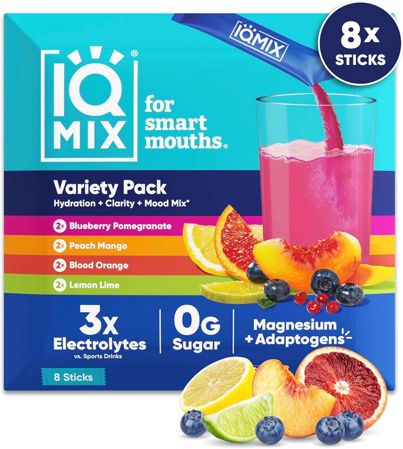 IQMIX Hydration Electrolyte Powder – 4-in-1 Formula for Hydration, Mental Clarity, Mood and Recovery – Sugar-Free Drink Mix, Keto, Magnesium L-Threonate, Lion’s Mane – 8 Count Sampler Pack