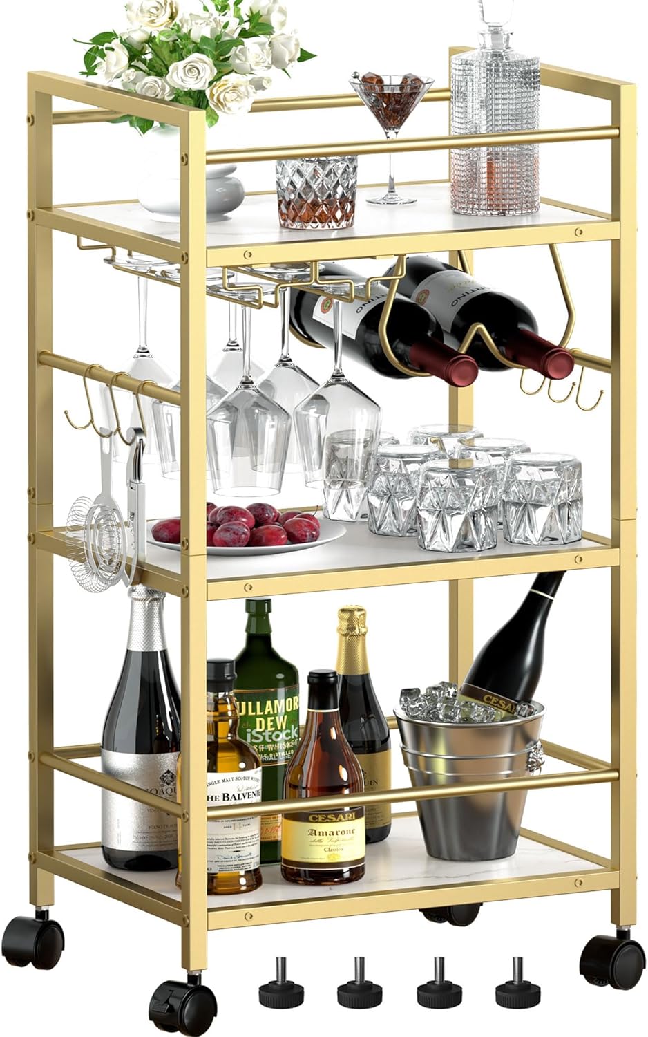 Bar Cart, Serving Cart for Home, Microwave Cart, Drink Cart, Mobile Kitchen Shelf with Wine Rack and Glass Holder, Rolling Beverage Cart for Dining Room, Gold & White