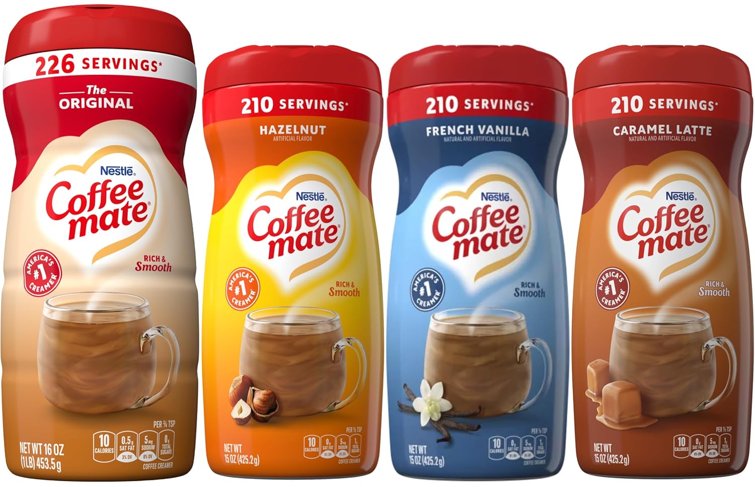 Coffee mate Powdered Creamer Variety 4 Pk, 1 of each of the following: Original, Hazelnut, French Vanilla, Caramel Latte