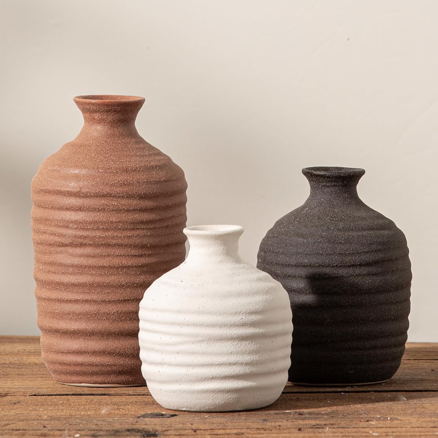 Ceramic Vase Set of 3 Decorative Vase for Home Decor Modern Farmhouse Decor Pottery Neutral Vases for Living Room Bathroom Table Mantel Fireplace Entryway Shelf (02-Brown)