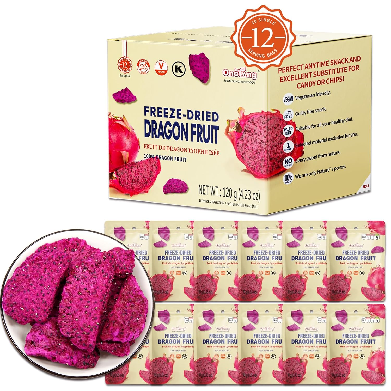 ONETANG Dried Dragon Fruit Chips (Pack of 12) for Drinks Refreshers, Healthy 1 Ingredient Superfood Snack, Crunchy Crisp, Dehydrated Dry Red Pitaya Pieces, Gluten Free Vegan 4.23 Oz