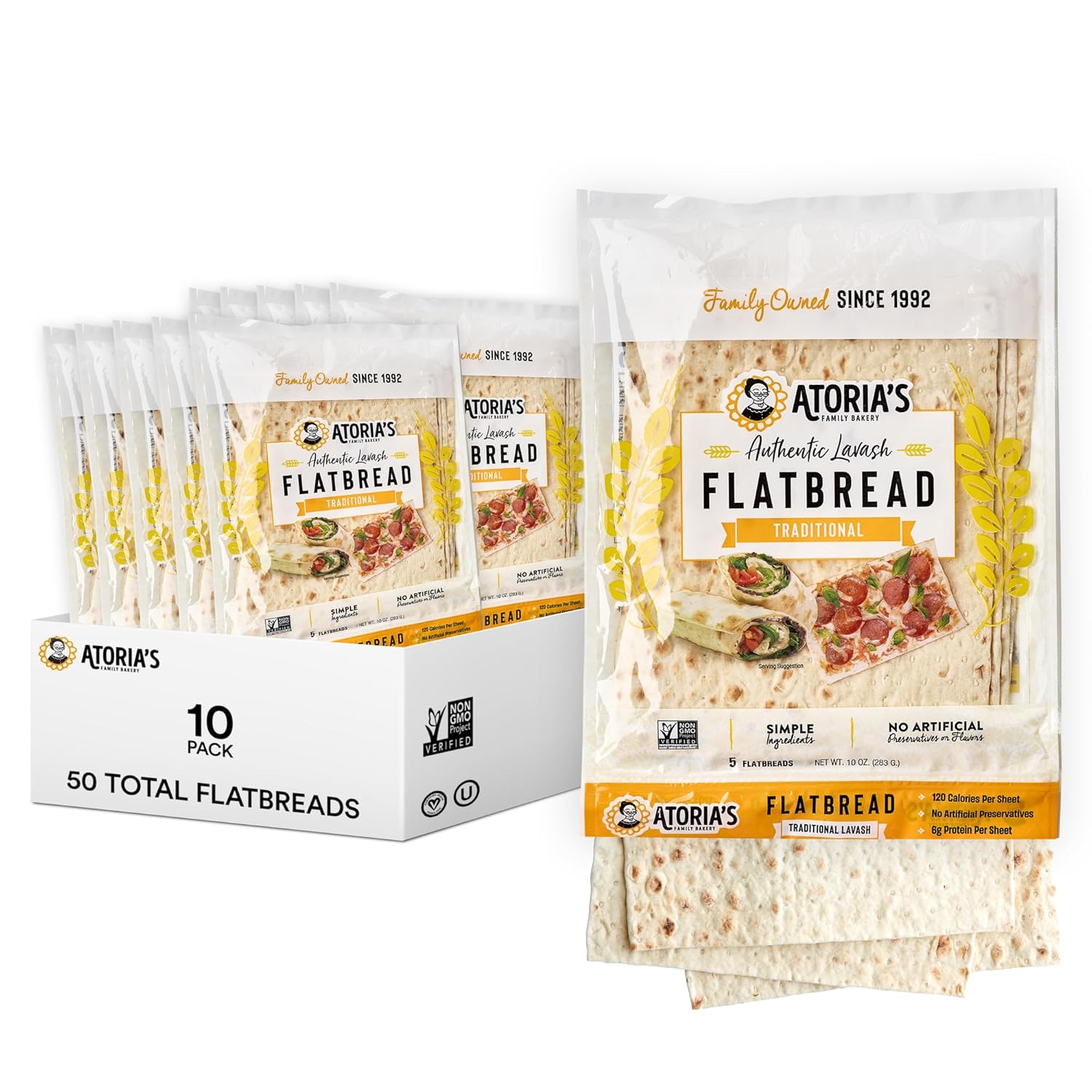 Atoria's Family Bakery Traditional Lavash Flatbread 10 Pack | 50 Individual Lavash Wraps | Fresh Baked, All Natural, GMO Free, and No Artificial Preservatives or Flavors