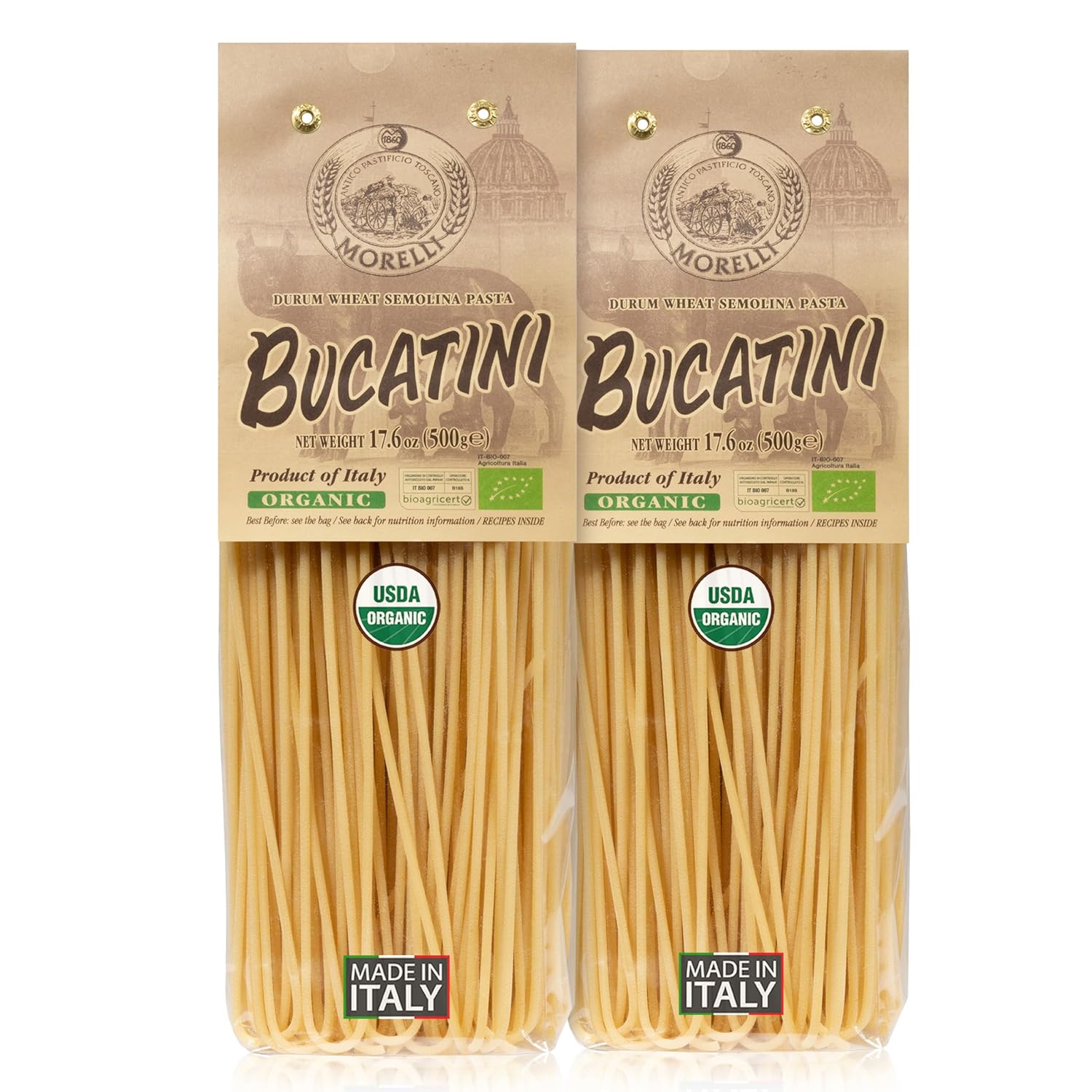 Morelli Bucatini Pasta Noodles - Premium Organic Italian Pasta from Italy - Handcrafted, Family Owned Gourmet Brand - Made With Durum Wheat Semolina 17.6 oz (500 g) - Pack of 2