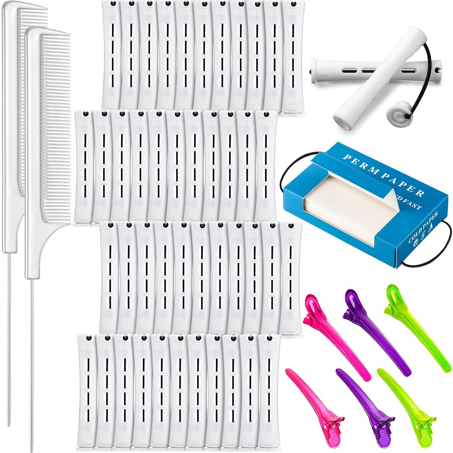 WILLBOND Hair Styling Kit: 48 Hair Perm Rods Plastic Cold Wave Rods, 2 Steel Pintail Combs, 350 Perm Papers, 6 Duck Bill Clips for Hairdressing Styling(White)