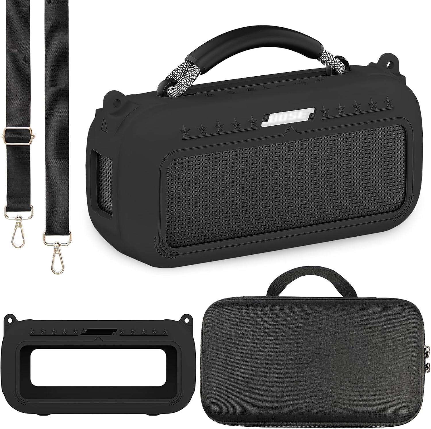 JCHPINE Silicone Cover and Hard Carrying Case for Bose SoundLink Max Portable Speaker, Protective Travel Case for Bose SoundLink Max Speaker Accessories with Shoulder Strap (Black)
