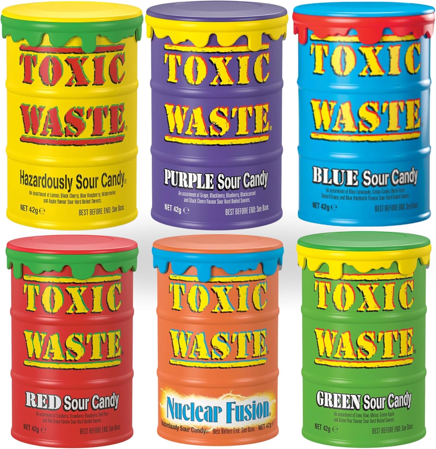 Toxic Sour Candy Sweets Drum Selection - All 6 Drums Including New Blue Drum. New Flavours, Lemonade, Cotton Candy, Concord Grape - Multipack of 6 x 42g
