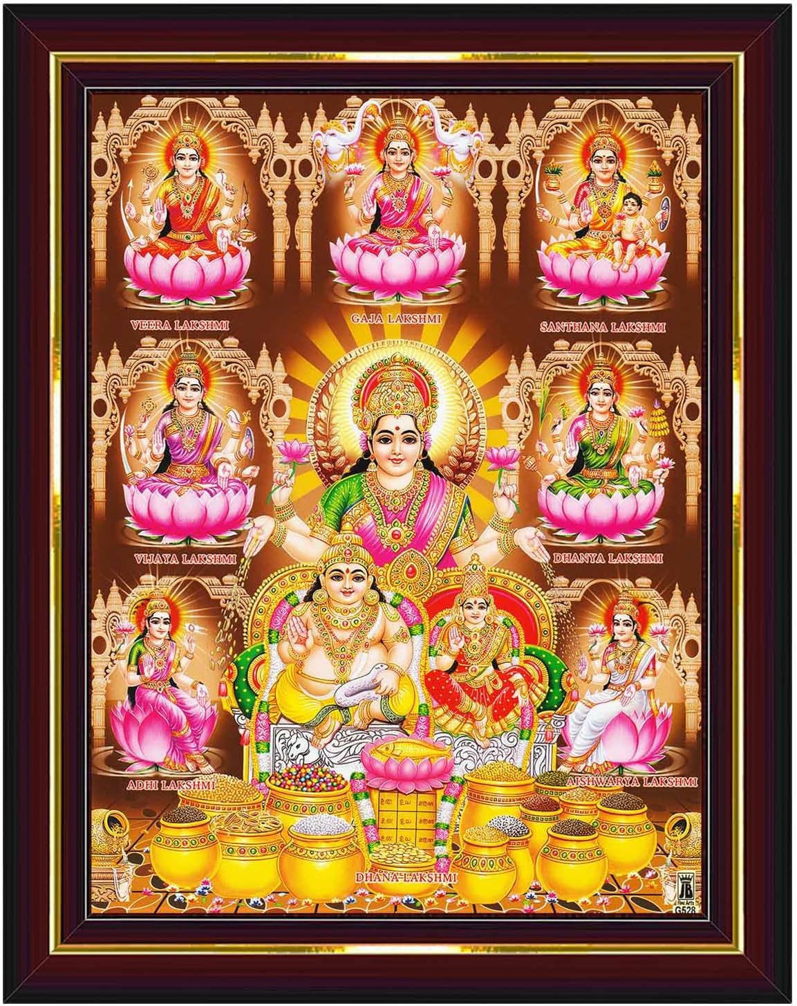 Pavan Photo Laminations Lakshmi Kubera Laxmi Devi Ashtalakshmi Kuber Wall Painting Framed Home Decor (Wood,Matte,Brown,Big Size,10 x 12 Inch) B350M