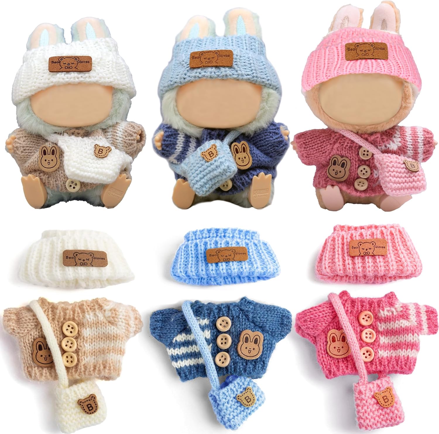 iBayda Total 3 Sets Knit Doll Clothes Accessories for 17cm Dolls Include: 3 Hats, 3 Sweaters, 3 Bags- Soft & Stylish Costume Accessories (Doll and Glasses are Not Icluded)