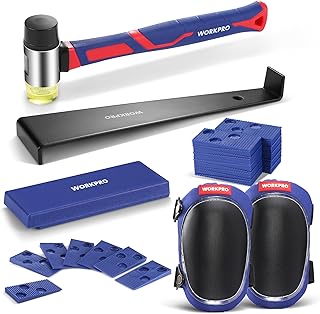 WORKPRO Laminate Flooring Installation Kit- Rubber Mallet with Fiberglass Handle, Flooring Knee Pads, Heavy Duty Pull Bar, Solid Tapping Block And Spacers- Premium Wood Flooring Installation Tool