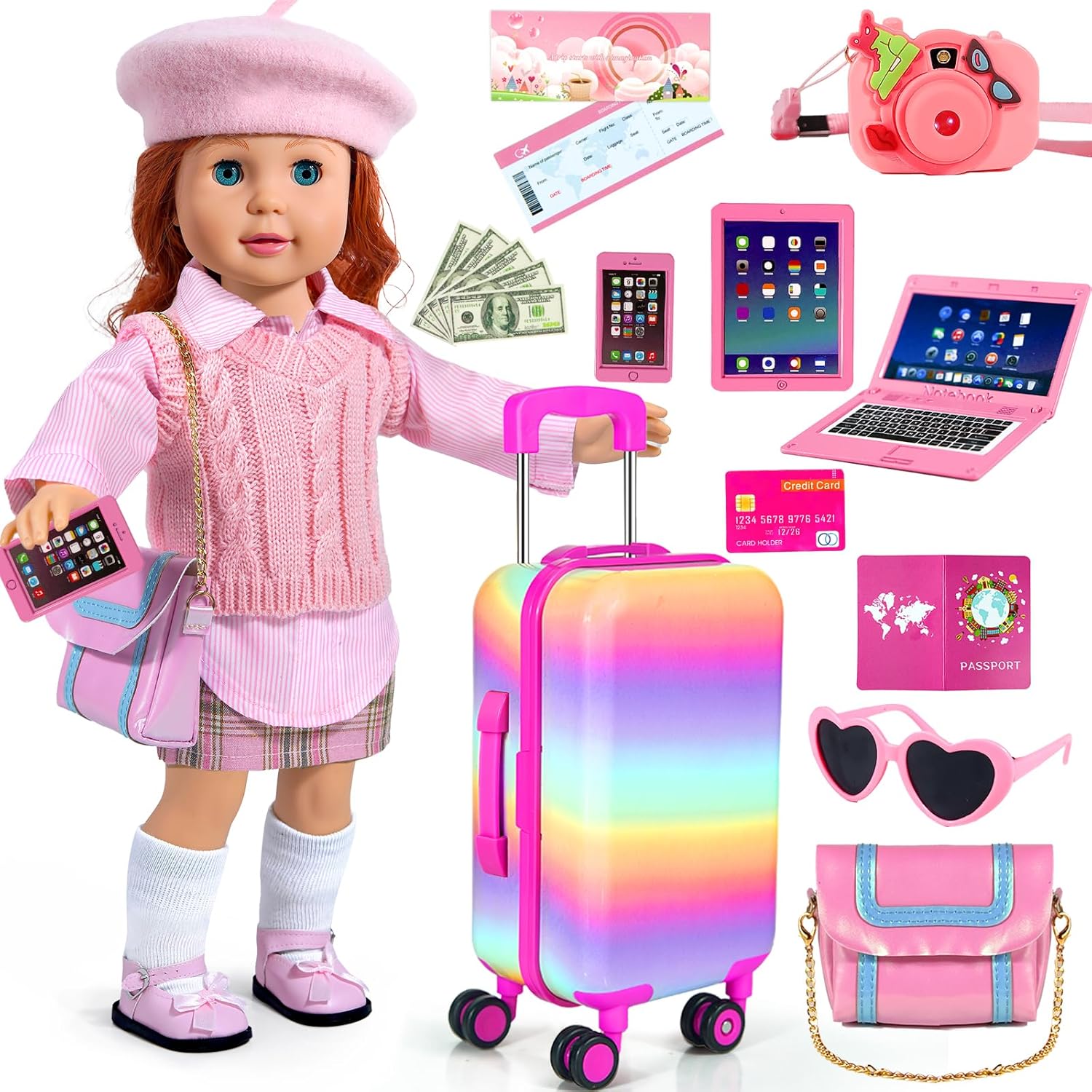 18-inch-Doll-Clothes and Accessories-Travel-Suitcase Luggage,Clothes and Shoes, Bag, Sunglasses, Camera, Passport, Notebook, Phone, pad Travel Gear Play Set Fit(No Doll)
