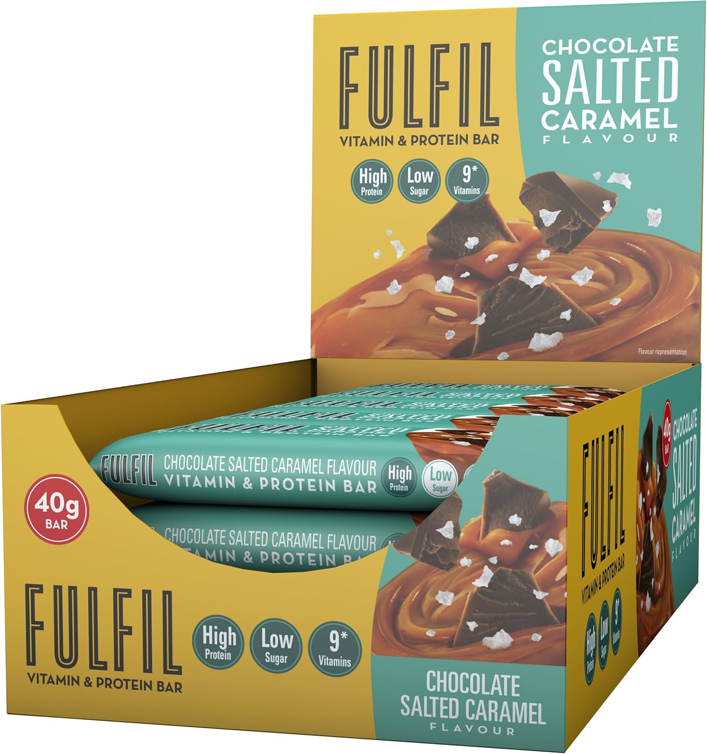 Fulfil Vitamin and Protein Bars (15 x 40g Bars) — Chocolate Salted Caramel Flavour — 15g High Protein, 9 Vitamins, Low Sugar