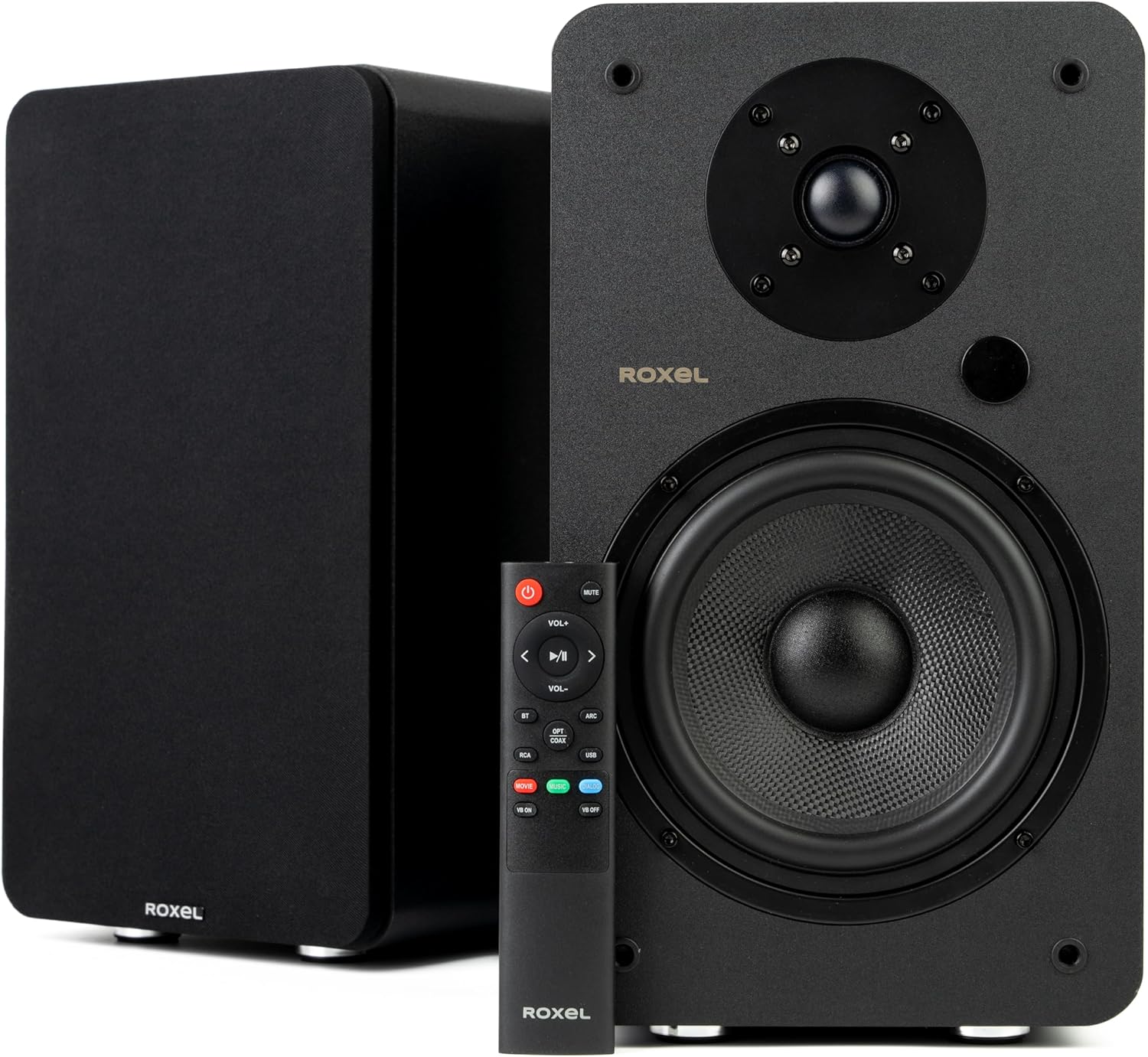 Roxel Onyx XL 120W Active Bookshelf Speakers, HiFi Stereo Wireless Speakers, BT 5.3, HDMI ARC, Optical, USB, RCA, Adjustable Bass/Treble, Full range 6.5" inch Bass Driver, 3 Metre Speaker Cable