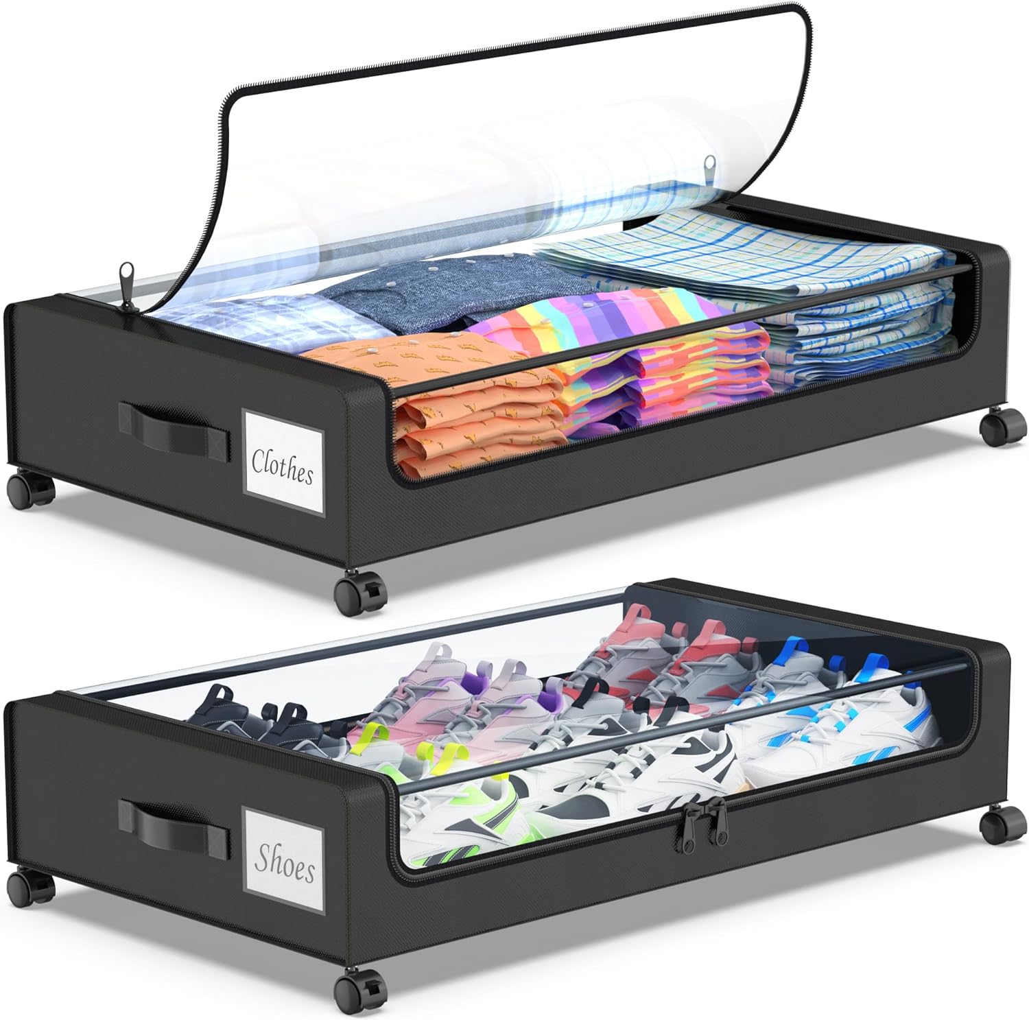 Beborxue Under Bed Storage with Wheels, 2-Pack Under Bed Storage Containers with Clear Lids, XXL 60L Under the bed storage Organizer Bins, Rolling Under Bed Metal Drawer for Clothes,Shoes,Toys (Black)