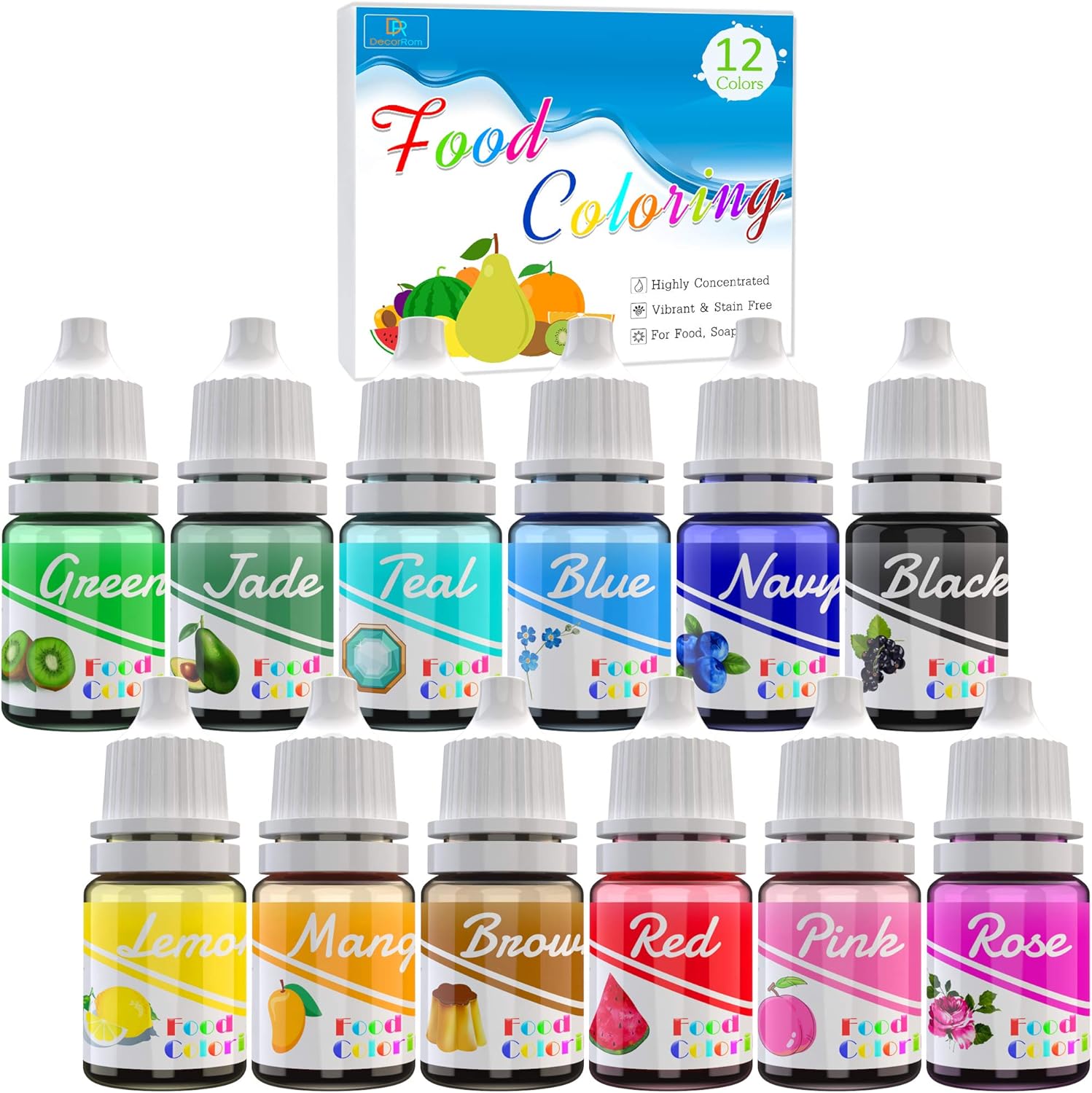 Food Colouring - 12 Colour Liquid Concentrated Icing Food Colouring Set for Baking, Airbrush, Cake Decorating - Vibrant Food Colour Dye for Fondant, Soap Making Supplies Kit, DIY Crafts - 6ml Each