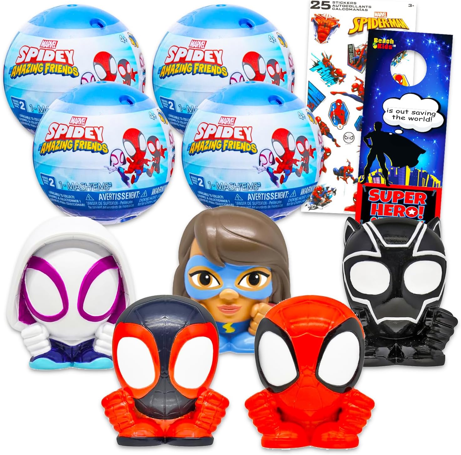 Spidey and Friends Blind Box Party Favors - Bundle with 4 Spiderman Mash'Ems Blind Ball Mini Figures Mystery Toys Plus Stickers, More | Spidey and His Amazing Friends Figurines for Kids, Boys, Girls