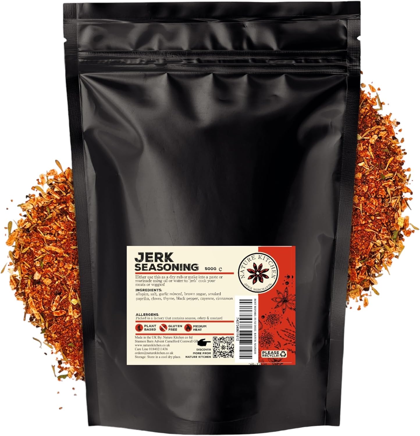 Hot Jerk Seasoning 500g – Caribbean Spice Rub for Chicken, Meat, Veg – Nature Kitchen Gluten-Free Vegan Blend – BBQ Marinade, Grilling, Frying, Sauces & Jamaican Cooking Flavours