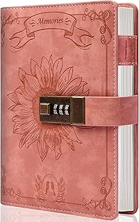 Lock Diary for Women Girls Vintage Lock Journal Refillable Personal Locking Diary Leather Locking Journal Writing Notebook B6 Secret Journal with Combination Passwords 5.5 x 7.8 in, Sunflower Pink