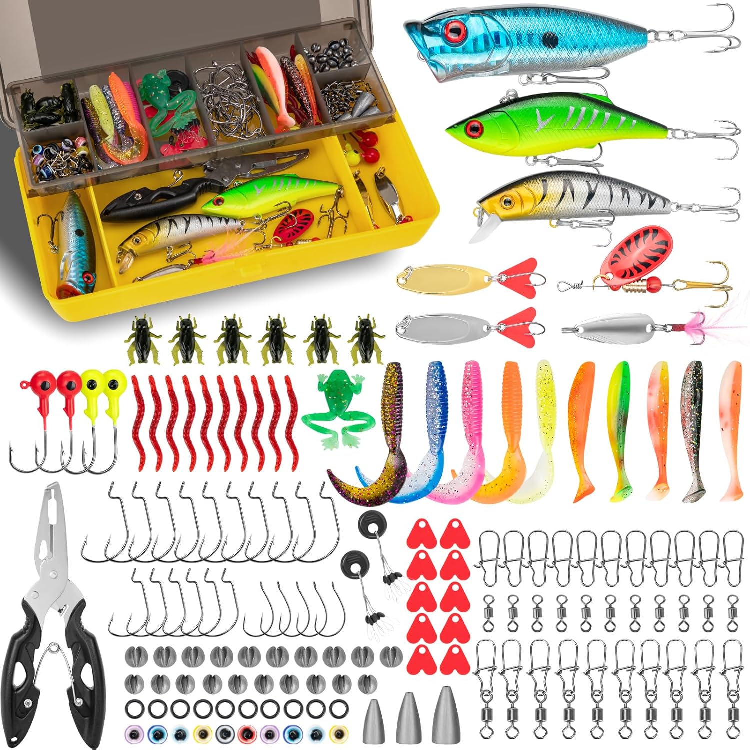 144 PCS Fishing Lures Mixed,Tackle Box Included Crankbaits, Spoon, Hooks, Jigs, Weights and More Other Accessories, Fishing Bait Lure Gear Kit Gifts for Men Bass Freshwater