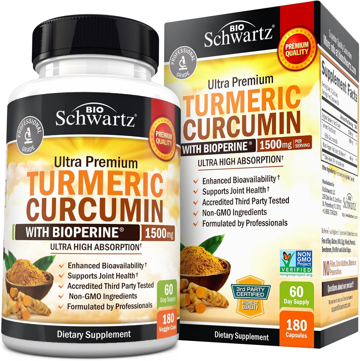 Turmeric Curcumin with Black Pepper Extract 1500mg - High Absorption Ultra Potent Turmeric Supplement with 95% Curcuminoids and BioPerine - Non GMO Tumeric Capsules for Joint Support - 180 Capsules