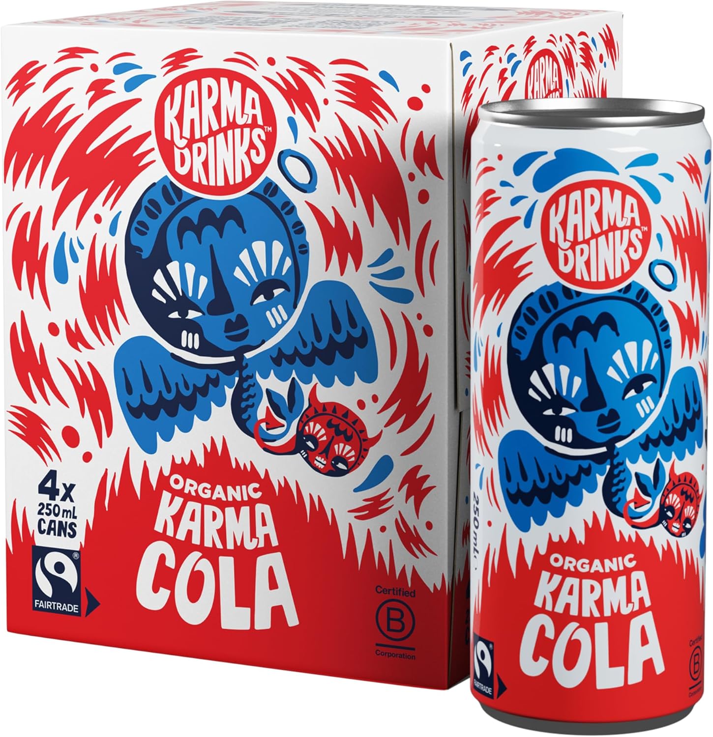 KARMA DRINKS Karma Cola (250ml x 4 Cans Soft Drink) - Organic, Gluten Free Organic Cola, Natural Ingredients, FairTrade, Vegan Friendly, No GMO, Carbonated Fizzy Drinks 4 Pack