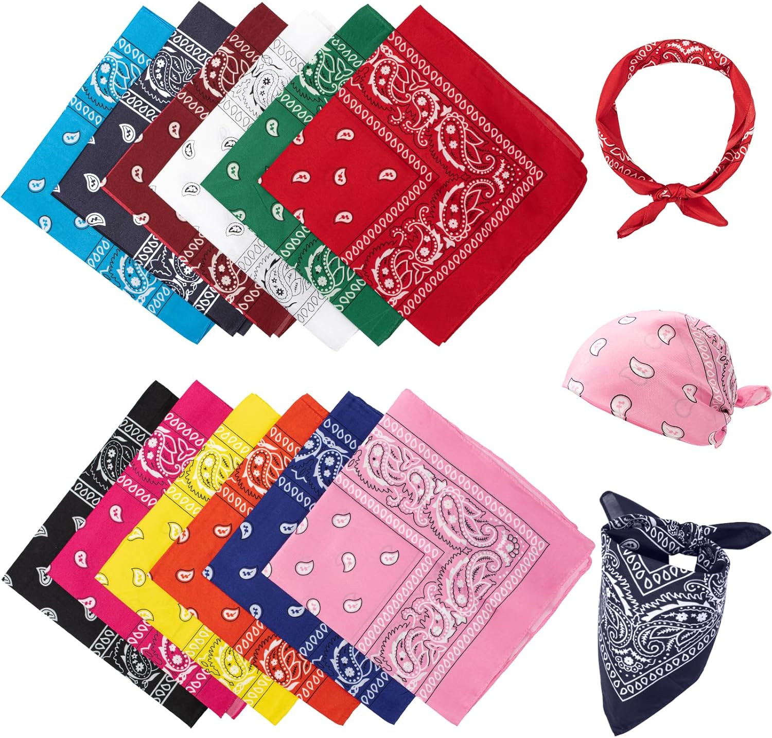 Vinuwu 12 Pack Bandana, Colourful Paisley Head Scarfs for Women Men, Stylish Nylon Headband, Neckerchief Snood Skull Cap, Square Face Covering for Motorcycling, Fashion Cowboy Accessories 22x22in