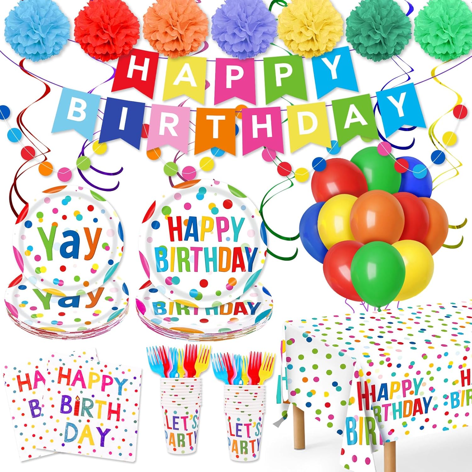 Happy Birthday Decorations - 156pc Rainbow Party Set with Plates, Napkins, Banner, Cups, Balloons (Serves 24)