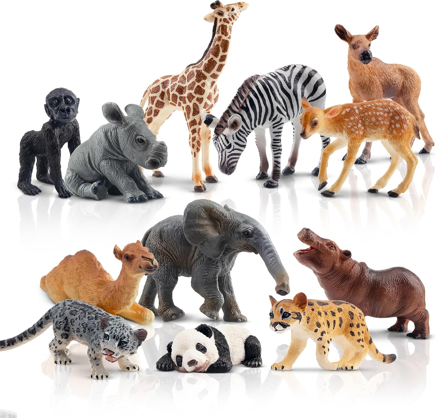 toymany 12PCS Forest Animals Baby Figurines, Realistic Woodland Animals Figures Toys Includes Elephant, Mountain Lion, Giraffe and Deer Cubs, Cake Toppers Christmas Birthday Gift for Kids Toddlers