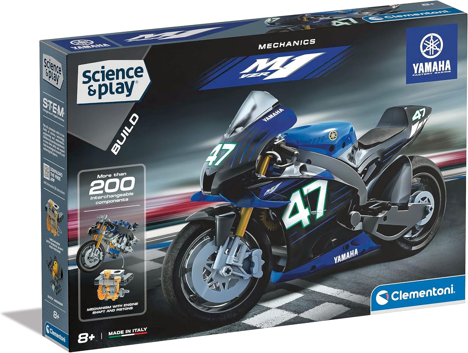 Clementoni- Science & Play Yamaha M1: Motorcycle Building Set with 3-Speed Gearbox & Suspension, Educational STEM Toy for Kids (8+ Years)