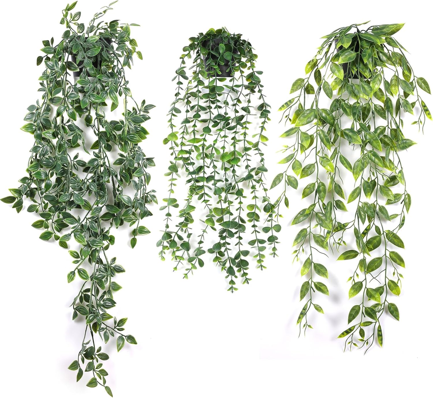 3 Pack Artificial Hanging Plant, Greenery Fake Hanging Plants with Pot, Green Fake Ivy Vines, Wall Mounted Faux Plant, Wheat Grass for Indoor Outdoor Garden Decoration (A)