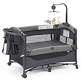 Baby Bassinet Bedside Bassinet Sleeper, 5-in-1 Pack and Play with Full-Size Bassinet,Baby Playard with Changing Table,Storage Shelf,Music Mobile with Soft Toys for Newborn to Toddlers (Grey)
