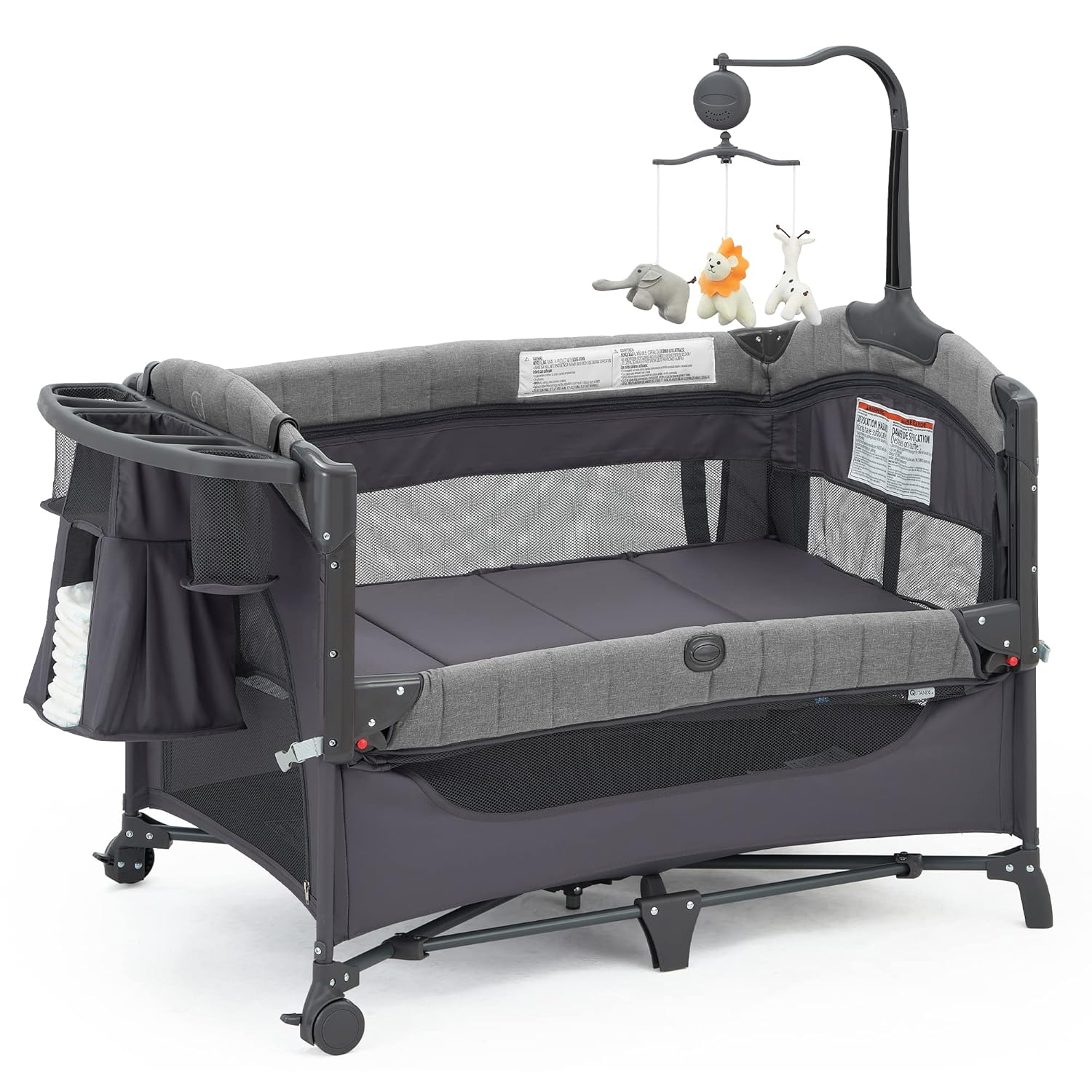 Baby Bassinet Bedside Bassinet Sleeper, 5-in-1 Pack and Play with Full-Size Bassinet,Baby Playard with Changing Table,Storage Shelf,Music Mobile with Soft Toys for Newborn to Toddlers (Grey)