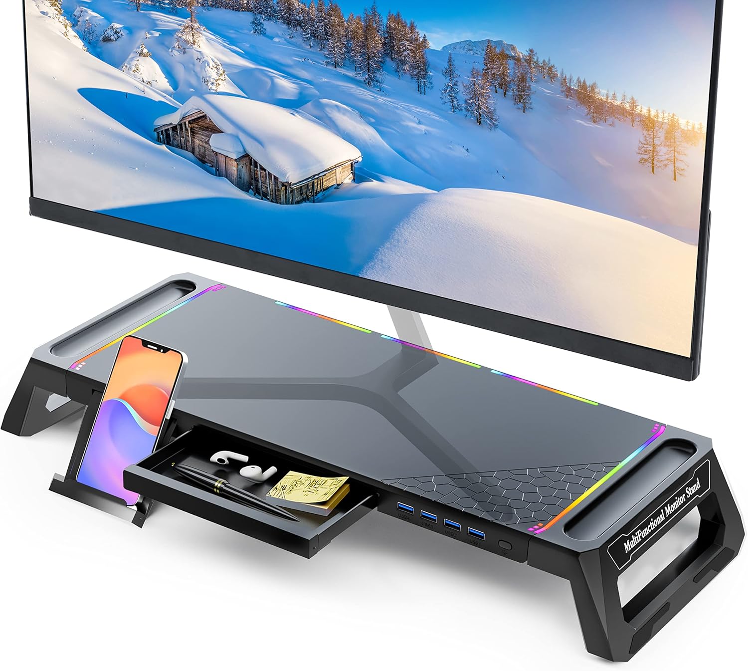 MOOJAY Monitor Stand for Desk RGB Gaming Lights with 4 USB 3.0 Hub, Foldable Computer Screen Riser with Storage Drawer and Phone Holder, Desk Organizer with Pen Tray for PC/Laptop/iMac - Black