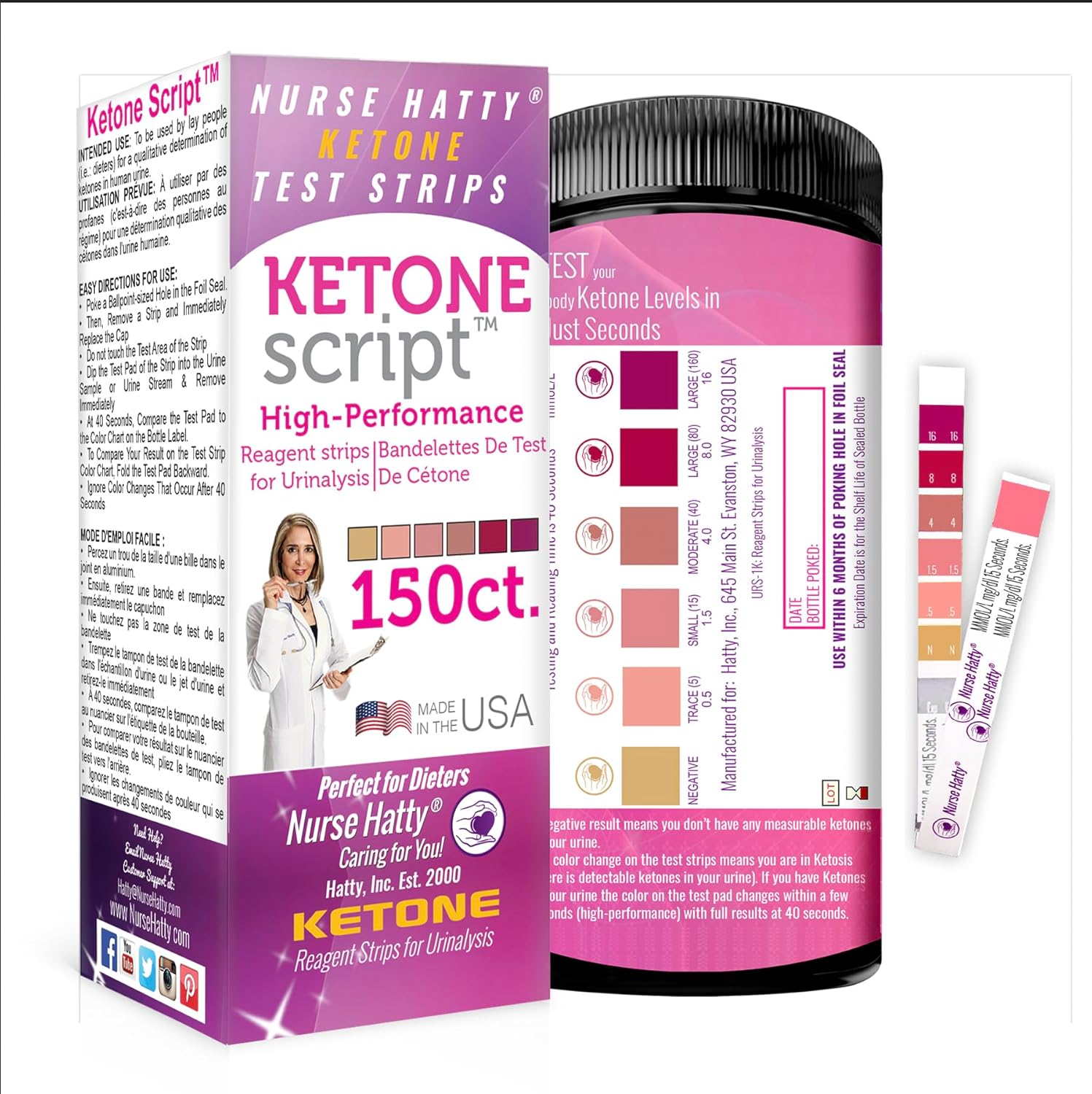 Nurse Hatty - 150 Ketone Test Strips w Built-in Color Chart – Free Keto Guide eBook & Free App - Made-in-The-USA - Urine Test for Ketogenic, Ketosis, Low Carb, Atkins & Paleo Diets - Extra Long Strips