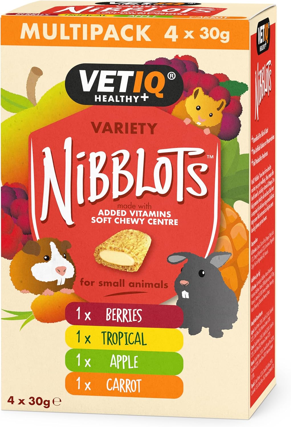 VETIQ Nibblots Treats Variety Pack with Added Vitamins in a Soft Chewy Centre for Small Animals, Suitable For Rabbits, Guinea Pigs & Hamsters, 30 g (Pack of 4)
